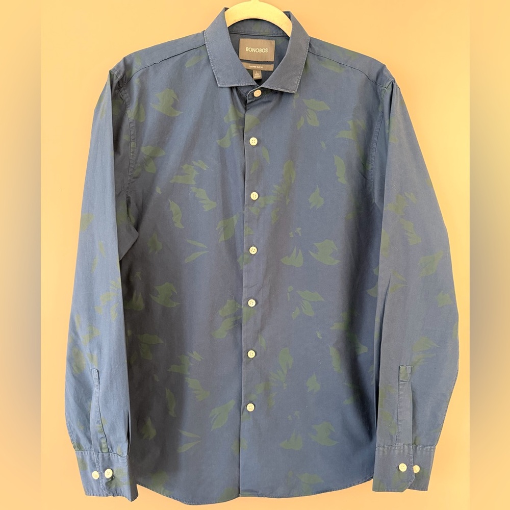 Bonobos Blue Shirt with Green Leaf Pattern